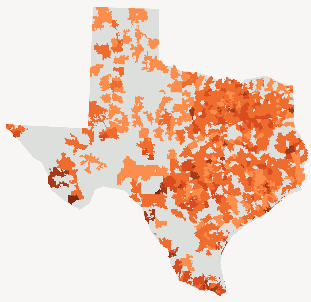 Texas: There are practically no areas with affordability below 500 sq ft — the darker patches are the Austin area and the Mexican border region